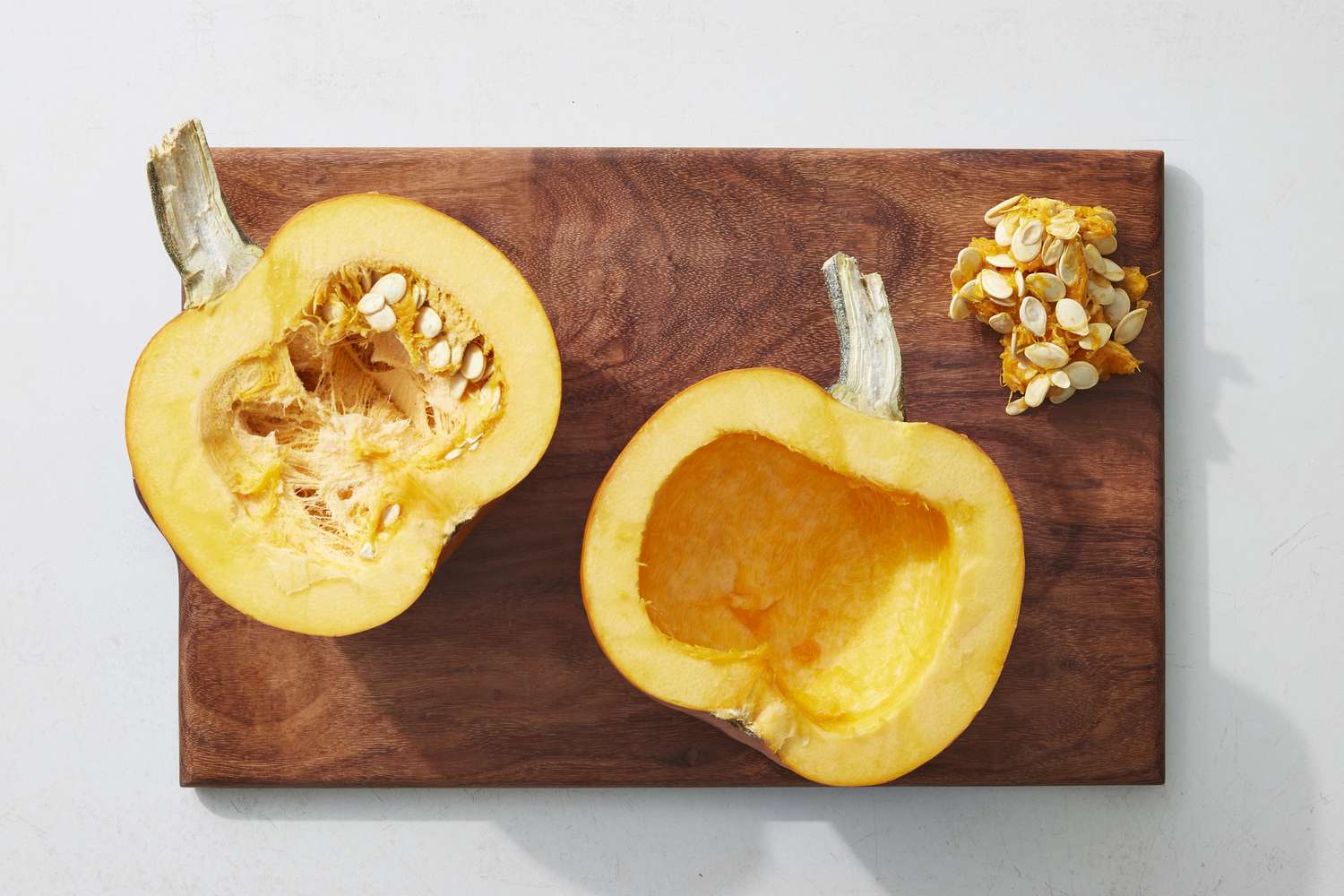 Overhead view of halved pumpkin