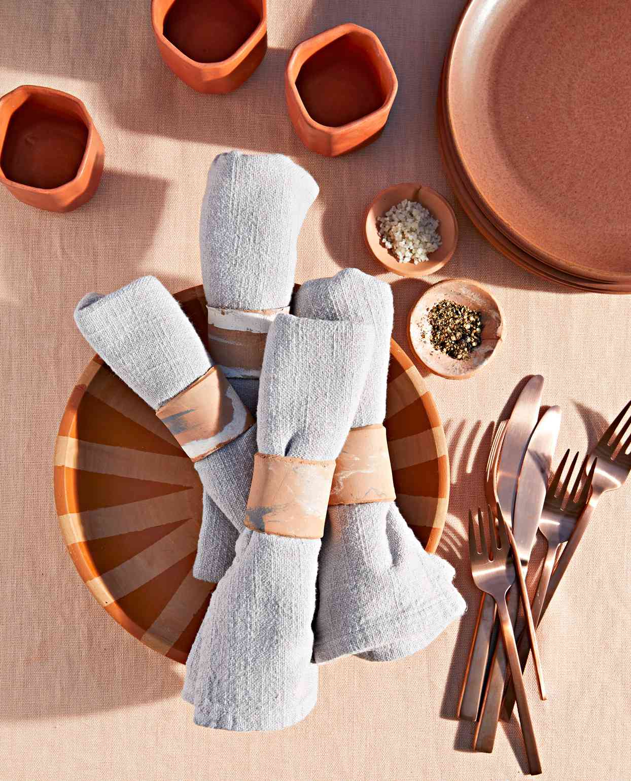 terracotta plates and cups