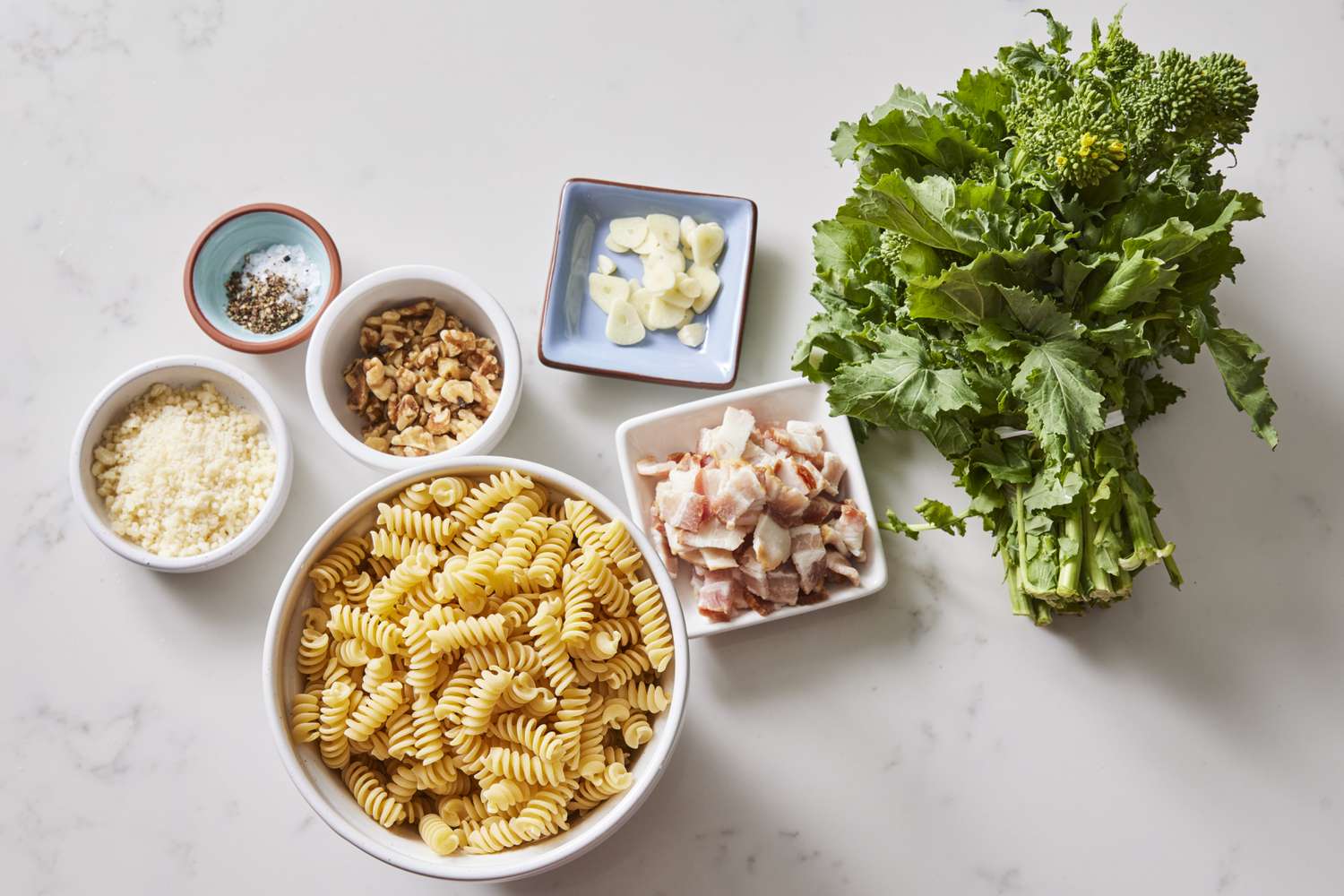 Ingredients for one pot broccoli rabe bacon pasta