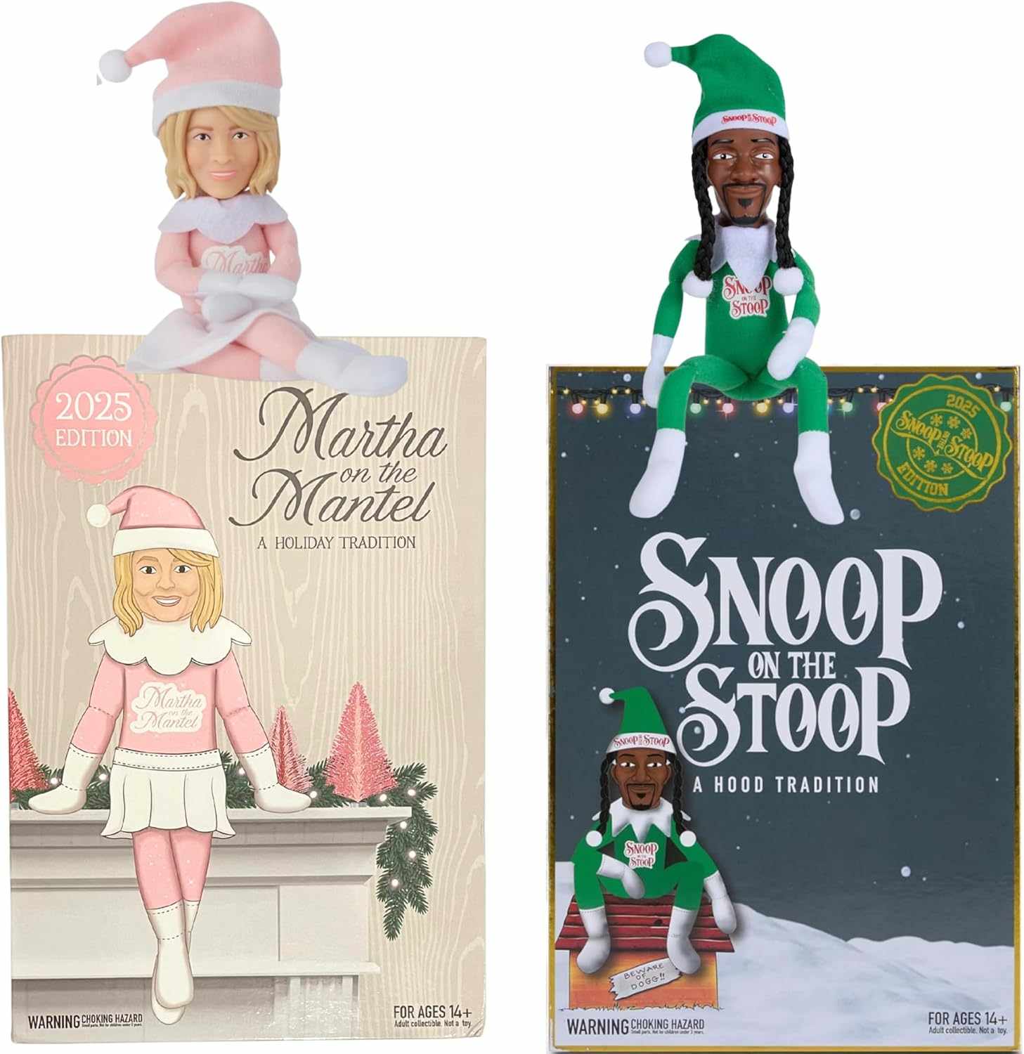 Two novelty elf on shelf toys one labeled Martha on the Mantel the other Snoop on the Stoop