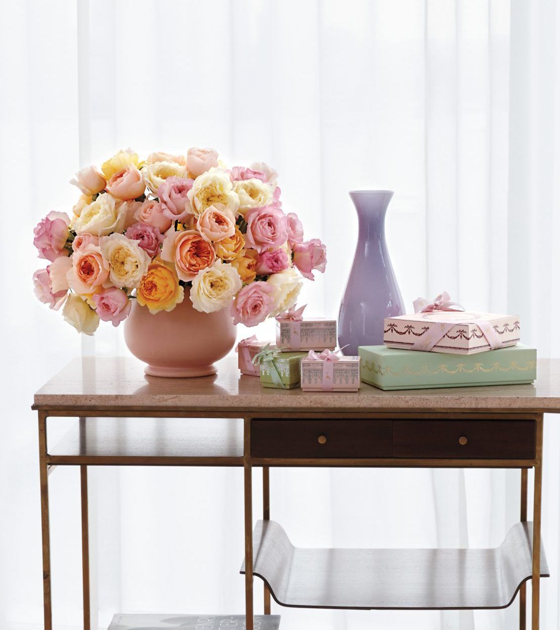 bouquet of roses on a bar cart