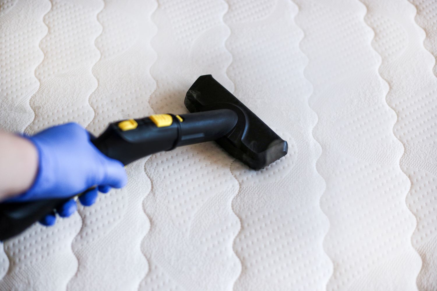 A gloved hand using a steam cleaner on a mattress