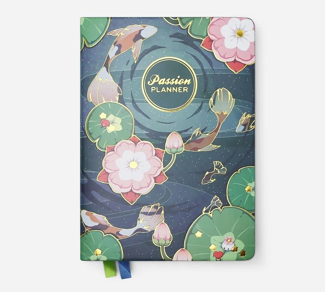 Front cover design of a 2026 Passion Planner featuring a koi pond theme with koi fish and lotus flowers