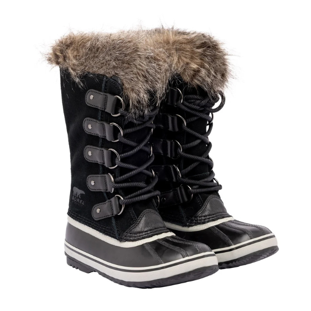 A pair of winter boots with faux fur trim and laceup design