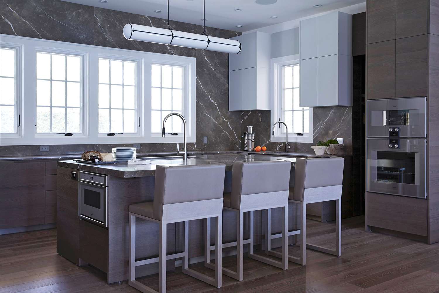 gray marble backsplash in kitchen