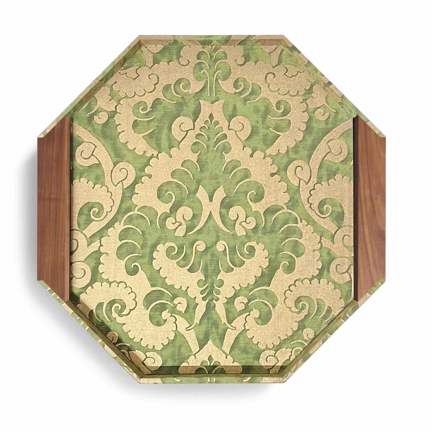 Octagonal tray with intricate patterned design and wooden accents