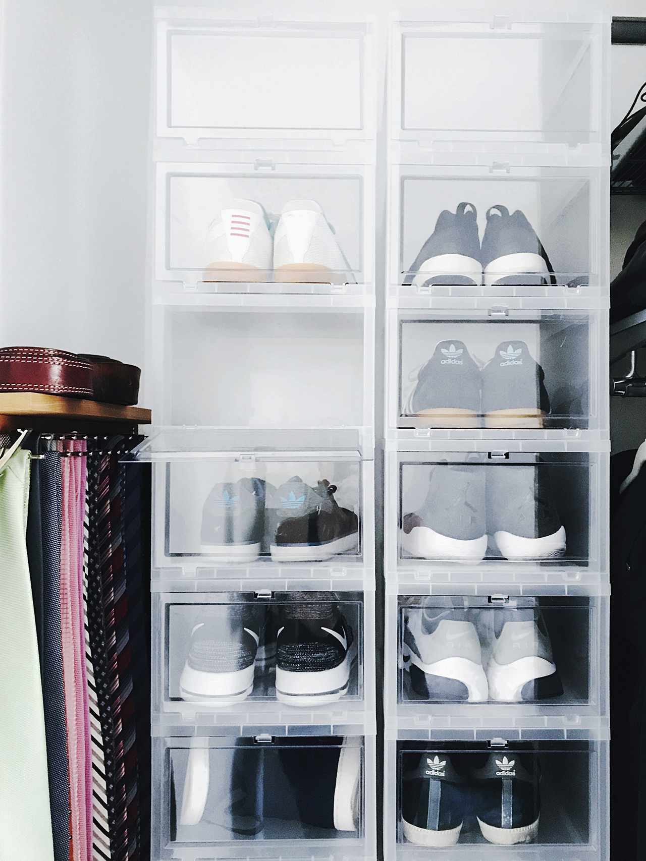 closet space organization stacked shoe bins