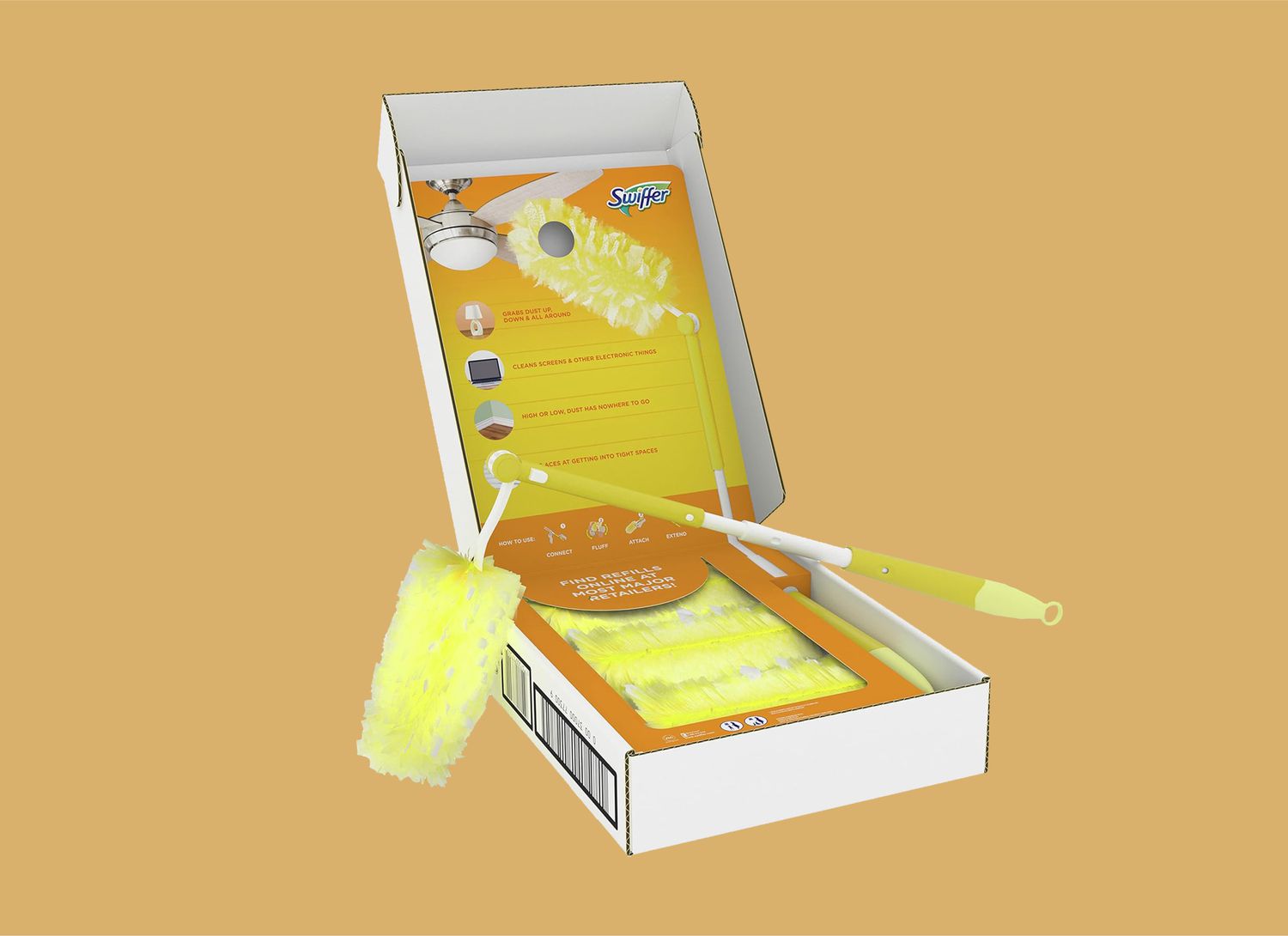 Swiffer box of dusters on a yellow background