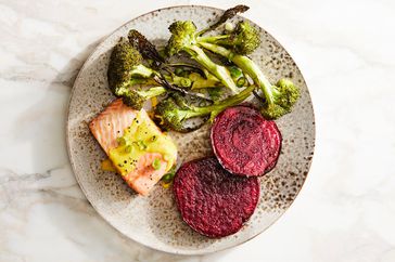 seared beets with turmeric-tahini broccoli and salmon