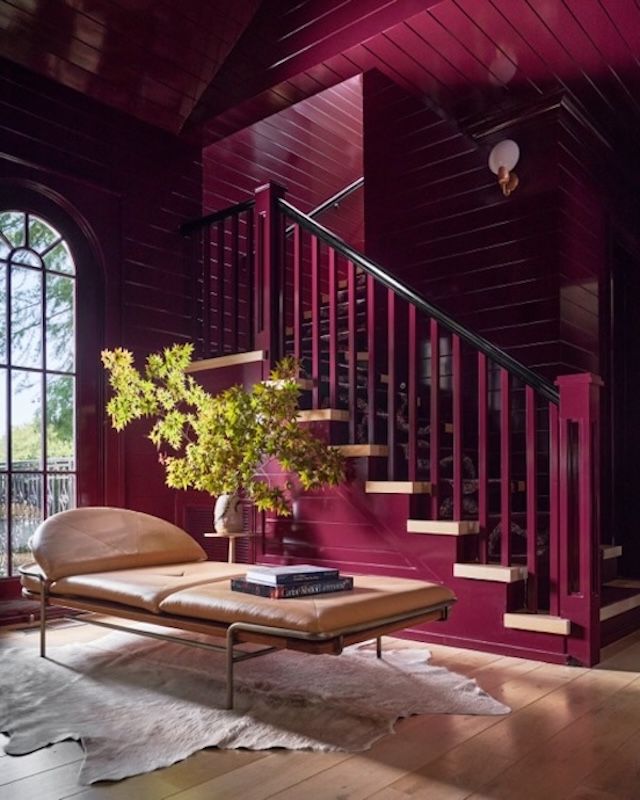 magenta color drenched stairwell 