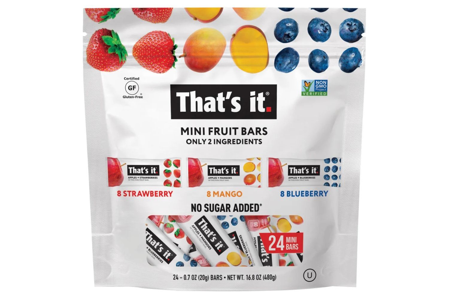 A bag of Thats it mini fruit bars with strawberry mango and blueberry flavors