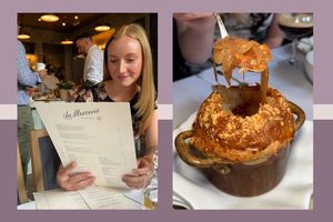 A woman reading a menu on the left and a dish with puff pastry on the right