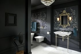 vanity trend white console in dark gray bathroom