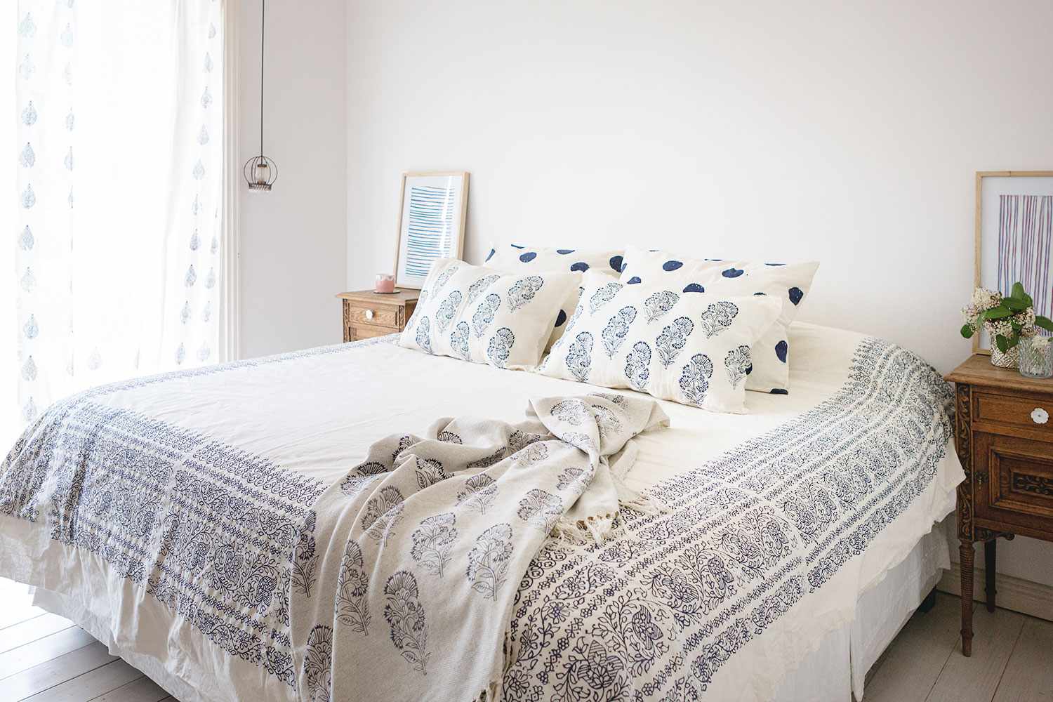 Bedroom with patterned bedding