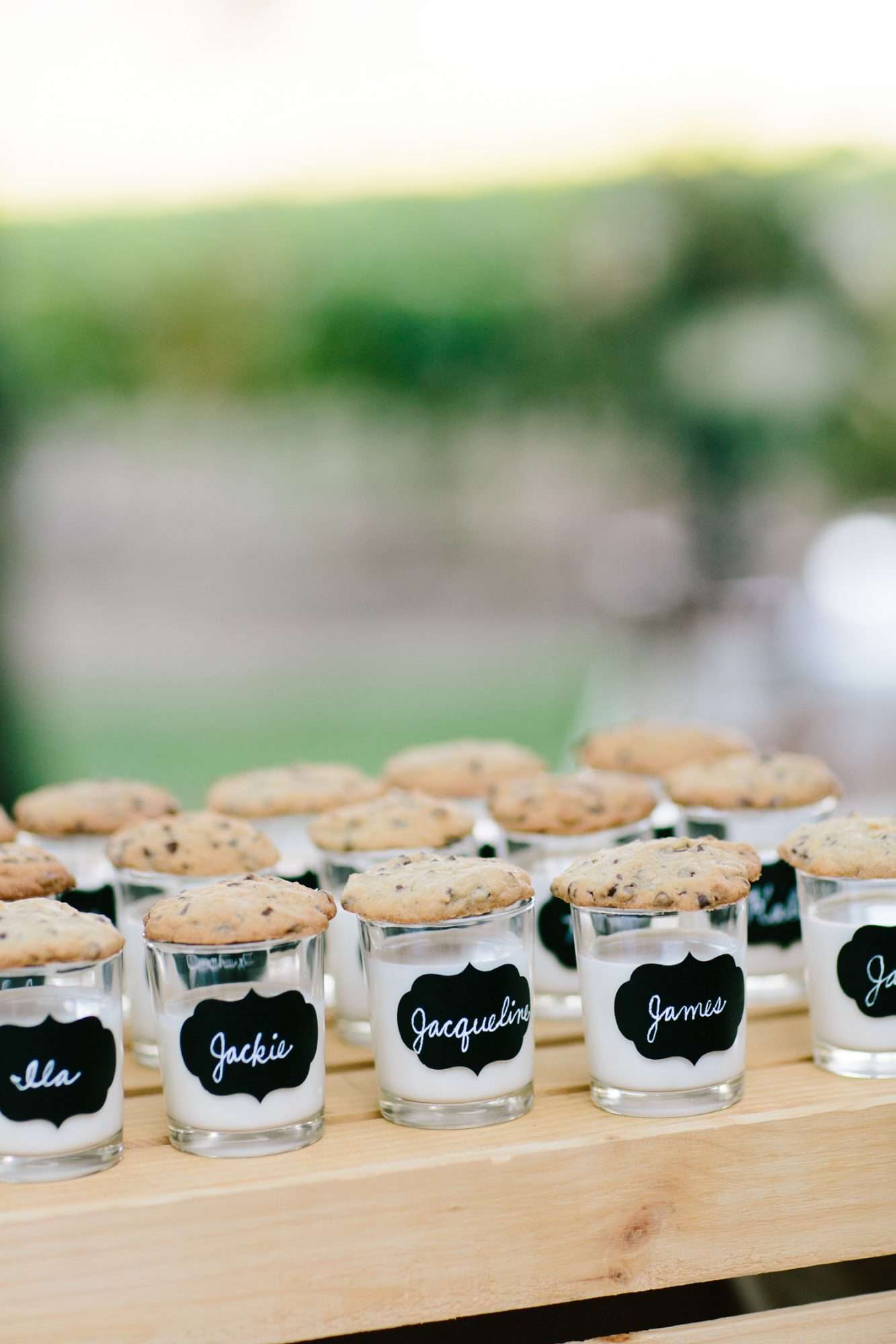 shot glass of milk escort card cookies