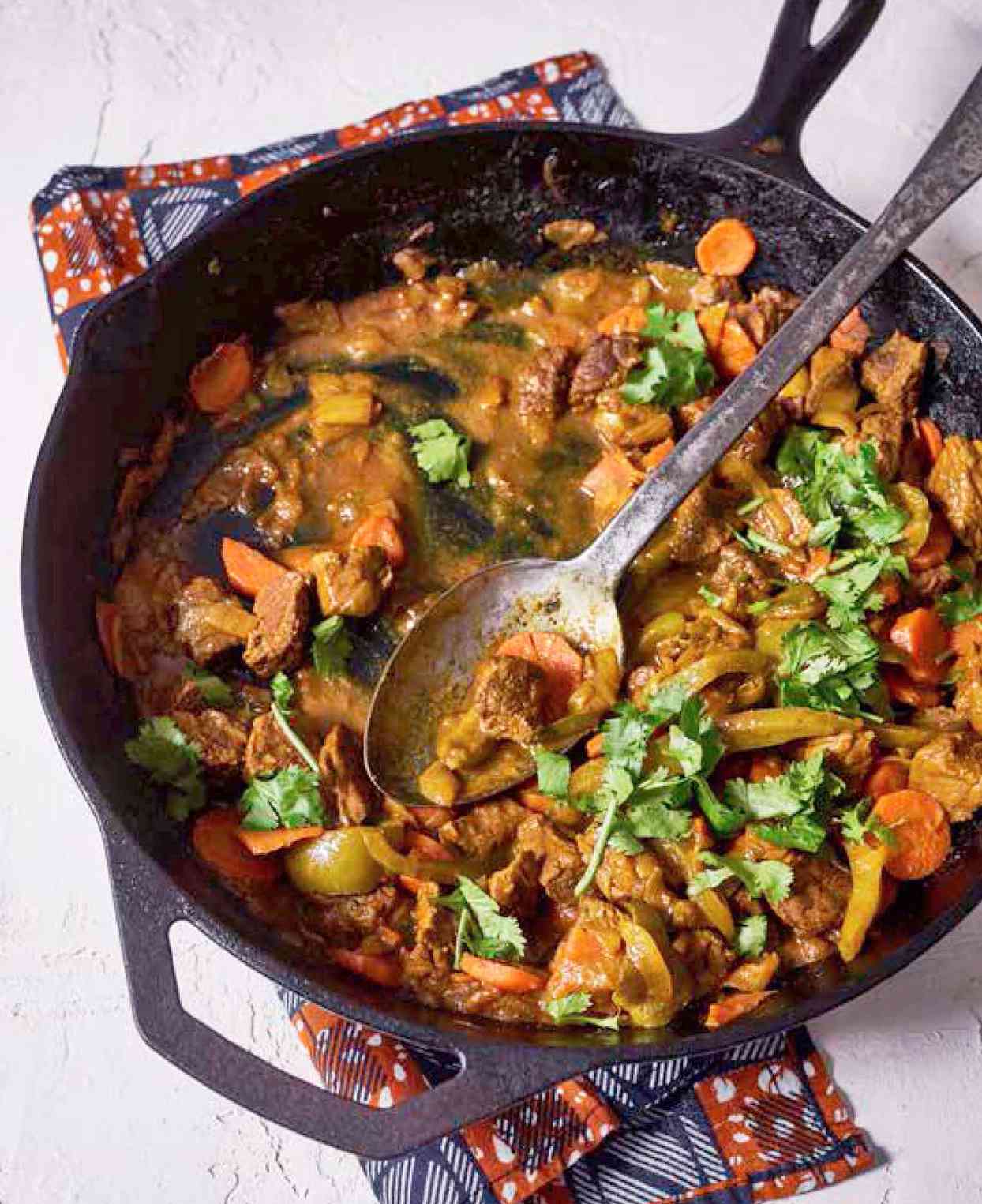ma halimas beef suqaar in a cast iron skillet