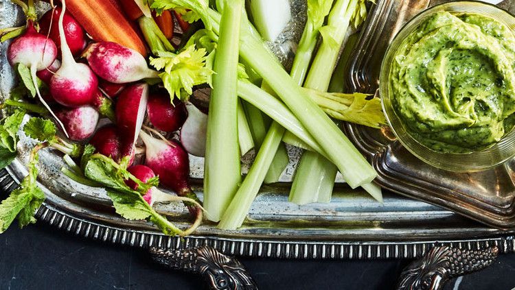 vegan green goddess dip with winter grand aioli on platter