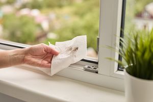A person using a paper towel to clean a dirty window sill with a green potted plant nearby and an open window visible