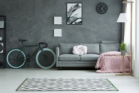 Grey living room with bicycle