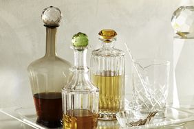 Colorful decanters on a bar