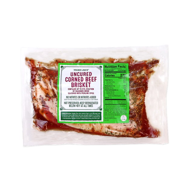 Packaged uncured corned beef brisket label visible with product details