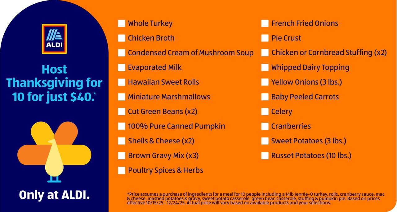 Thanksgiving shopping list products and pricing promotion at Aldi