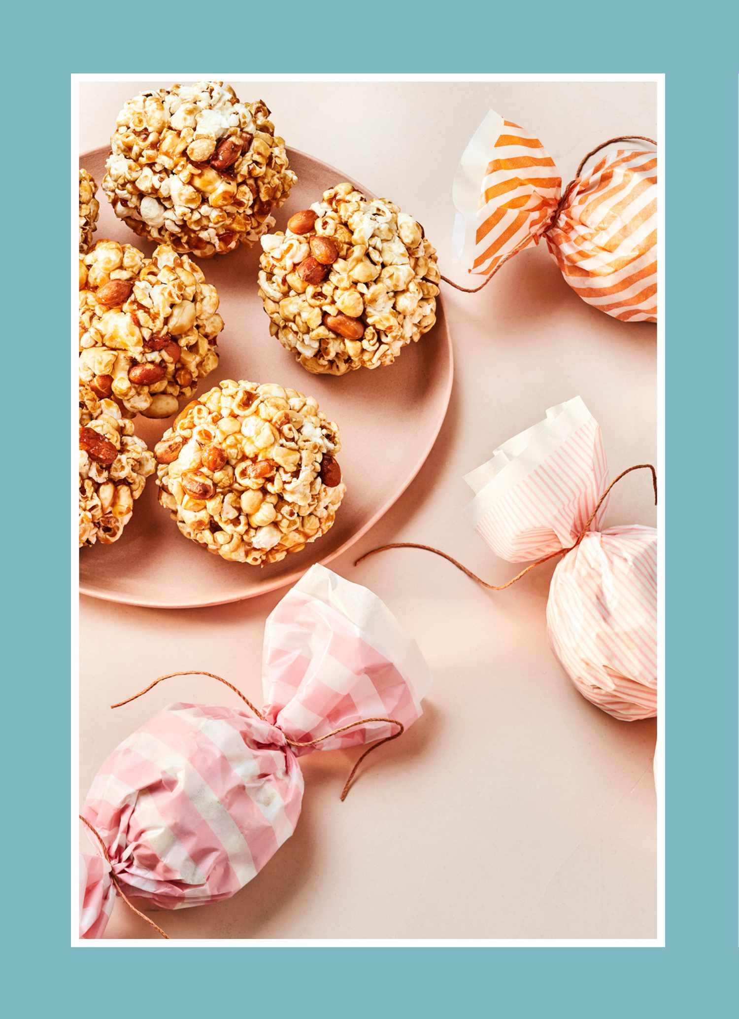peanut popcorn balls on beige background