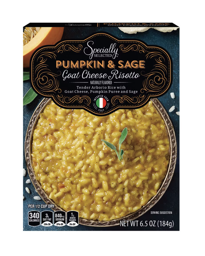 Package of pumpkin and sage goat cheese risotto with visible cooked risotto and garnish
