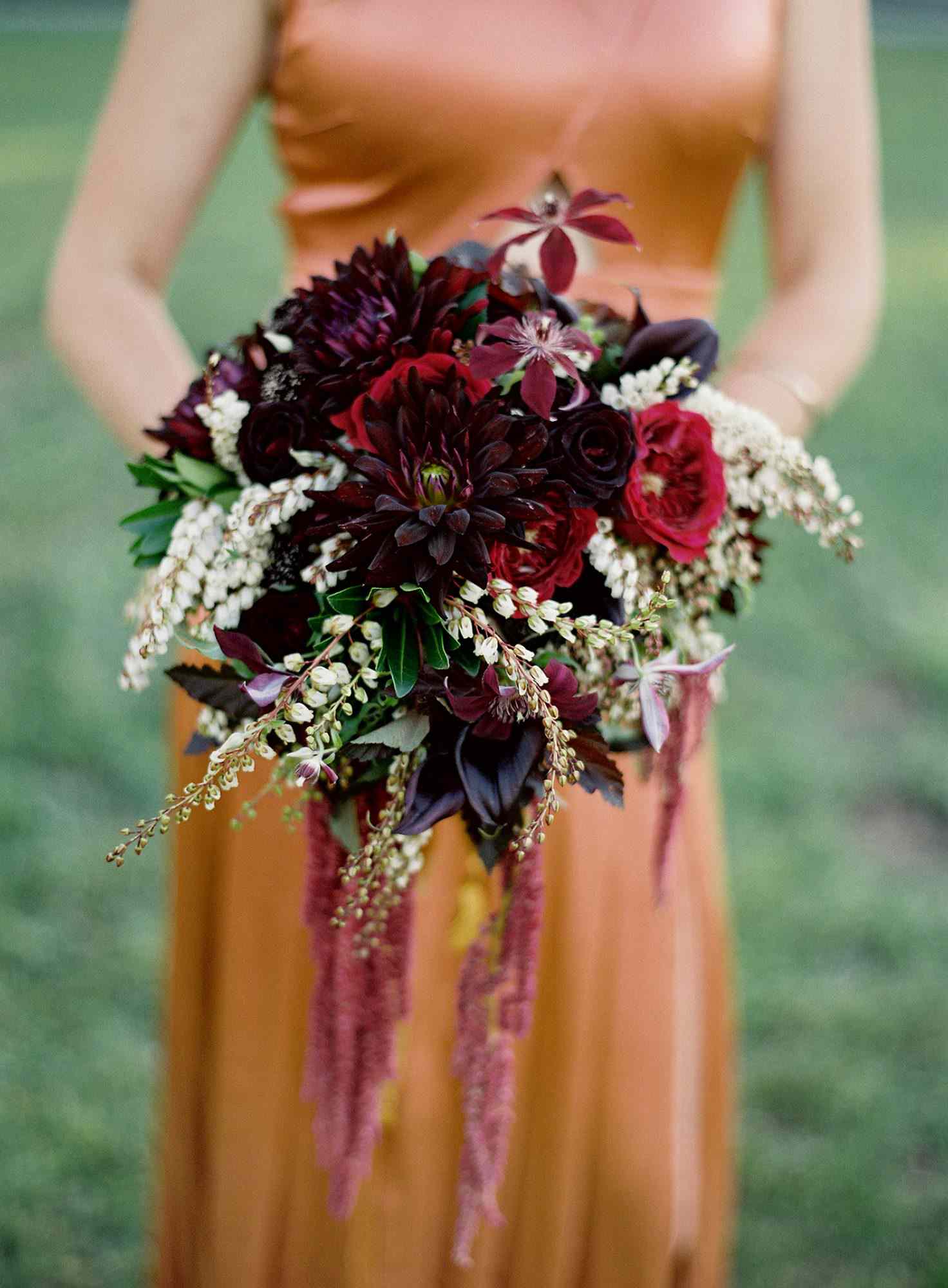 bouquet with red dahlias and calla lilies