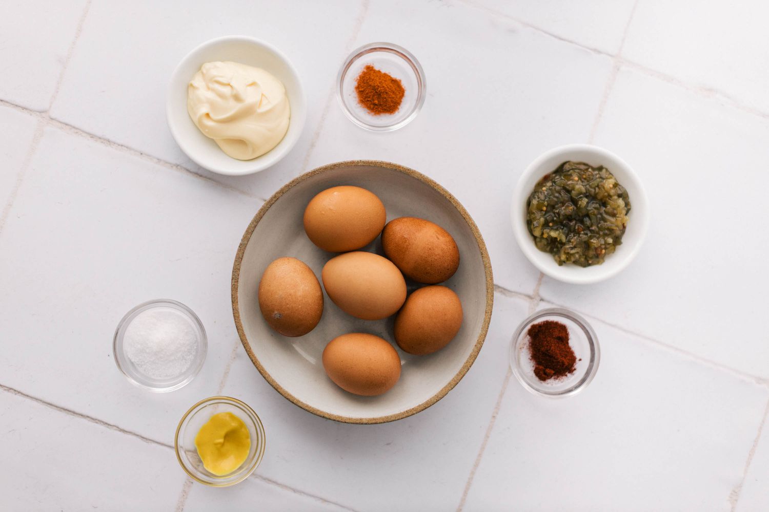 Ingredients for deviled eggs with relish