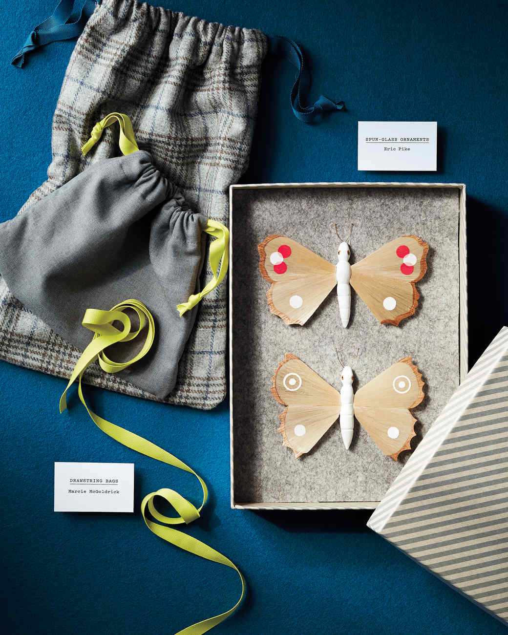 spun-glass ornaments and drawstring bags