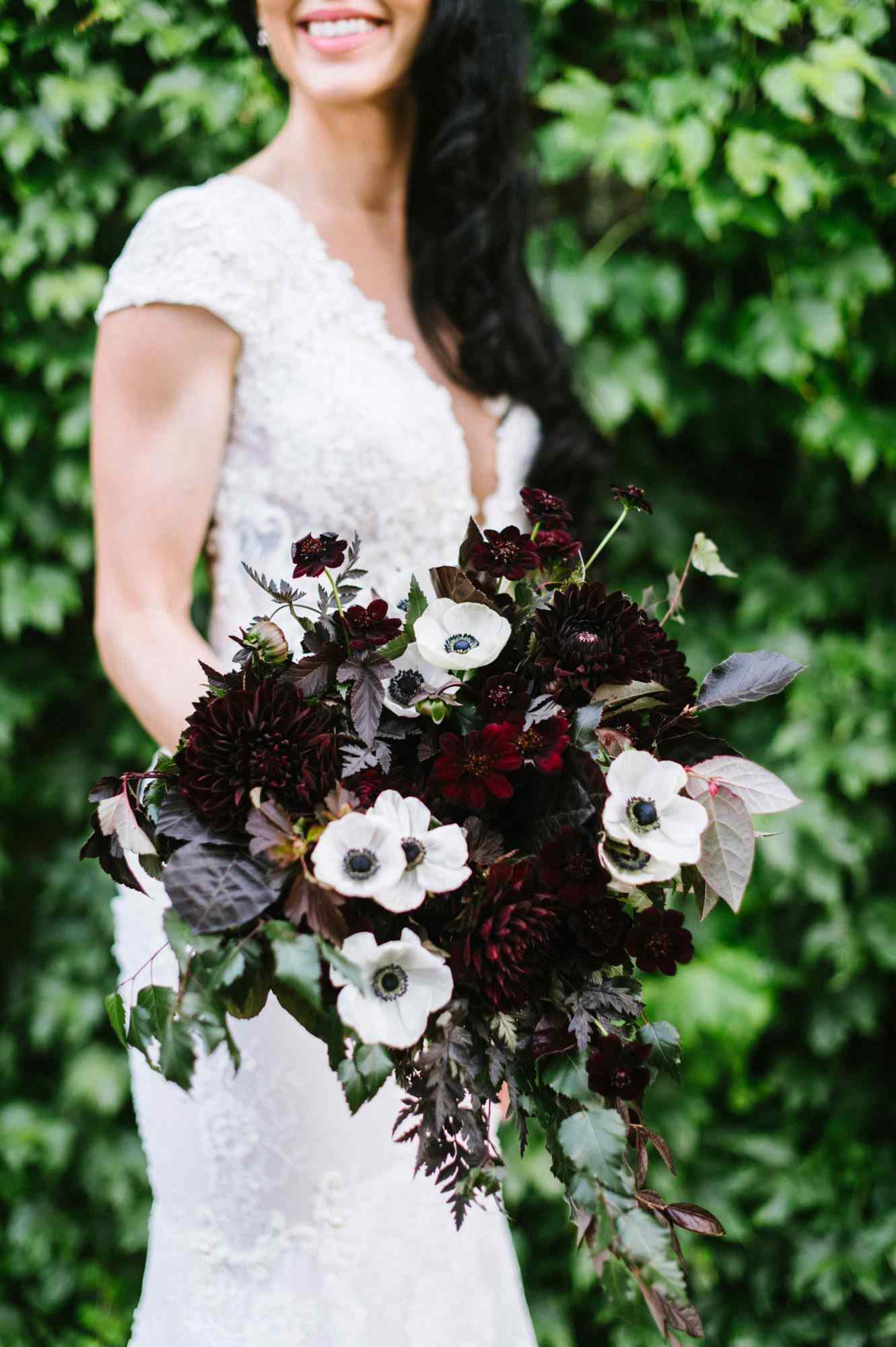 bride dahlia bouquet dark burgundy flowers