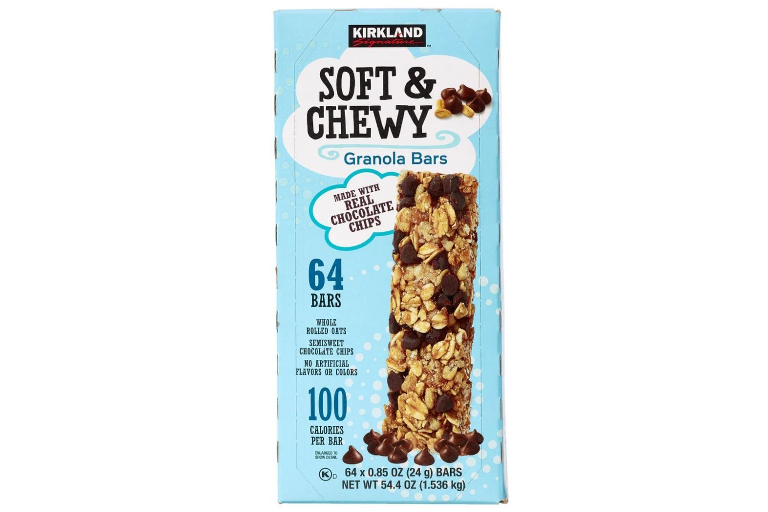 Kirkland Soft Chewy Granola Bars packaging mentions 64 bars with chocolate chips and 100 calories per bar