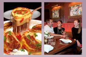 Left panel a closeup of pasta dish with tomato sauce and melted cheese Right panel three people seated at a restaurant table talking