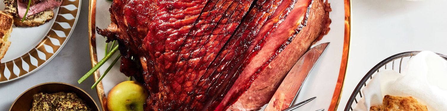 pomegranate glazed ham with jammy cipollinis