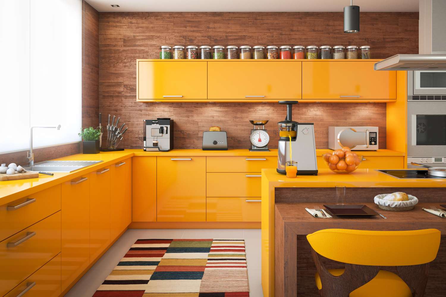 Modern kitchen interior with bright cabinets a central island and various kitchen appliances