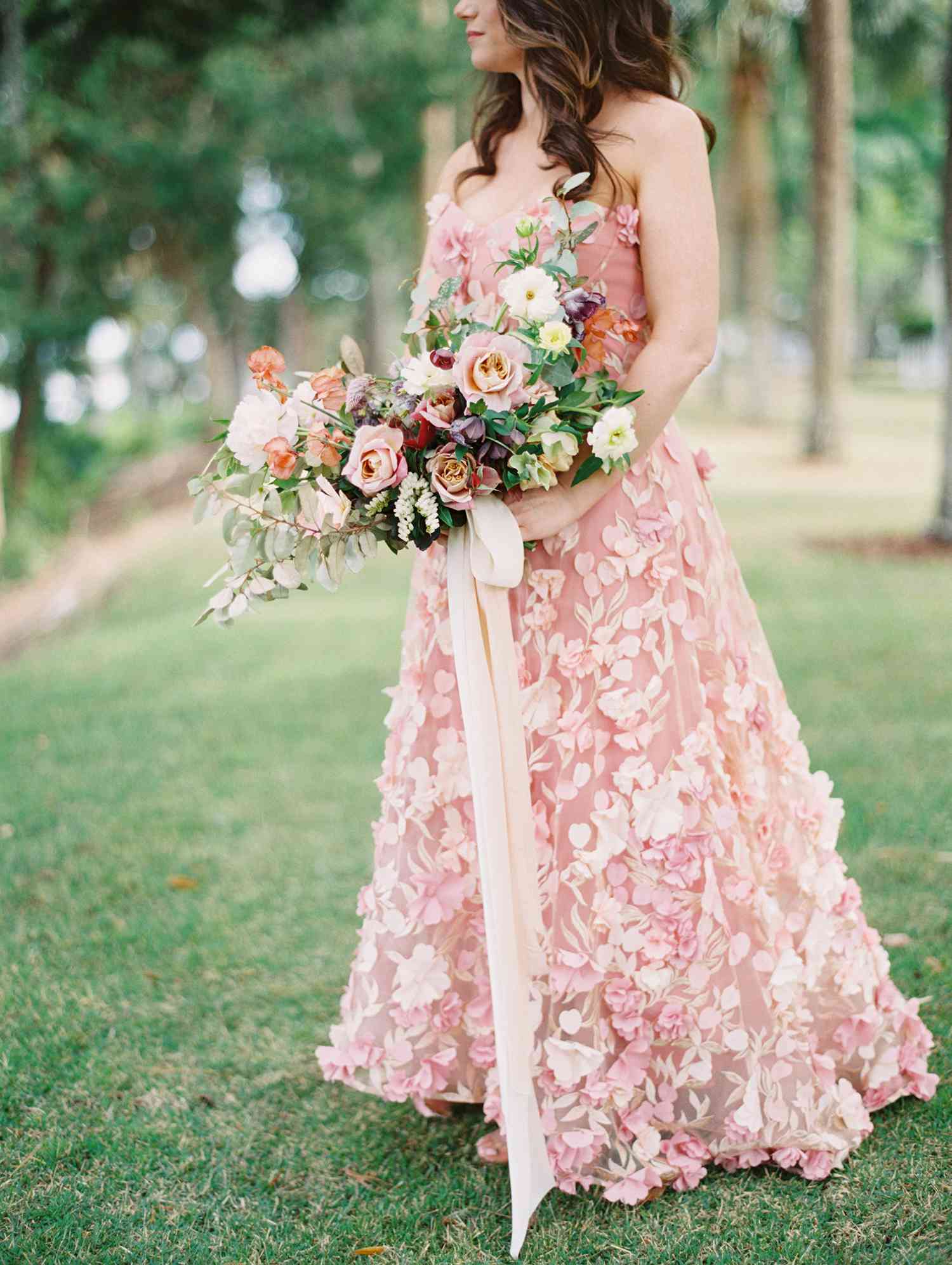 pink wedding dress with floral details