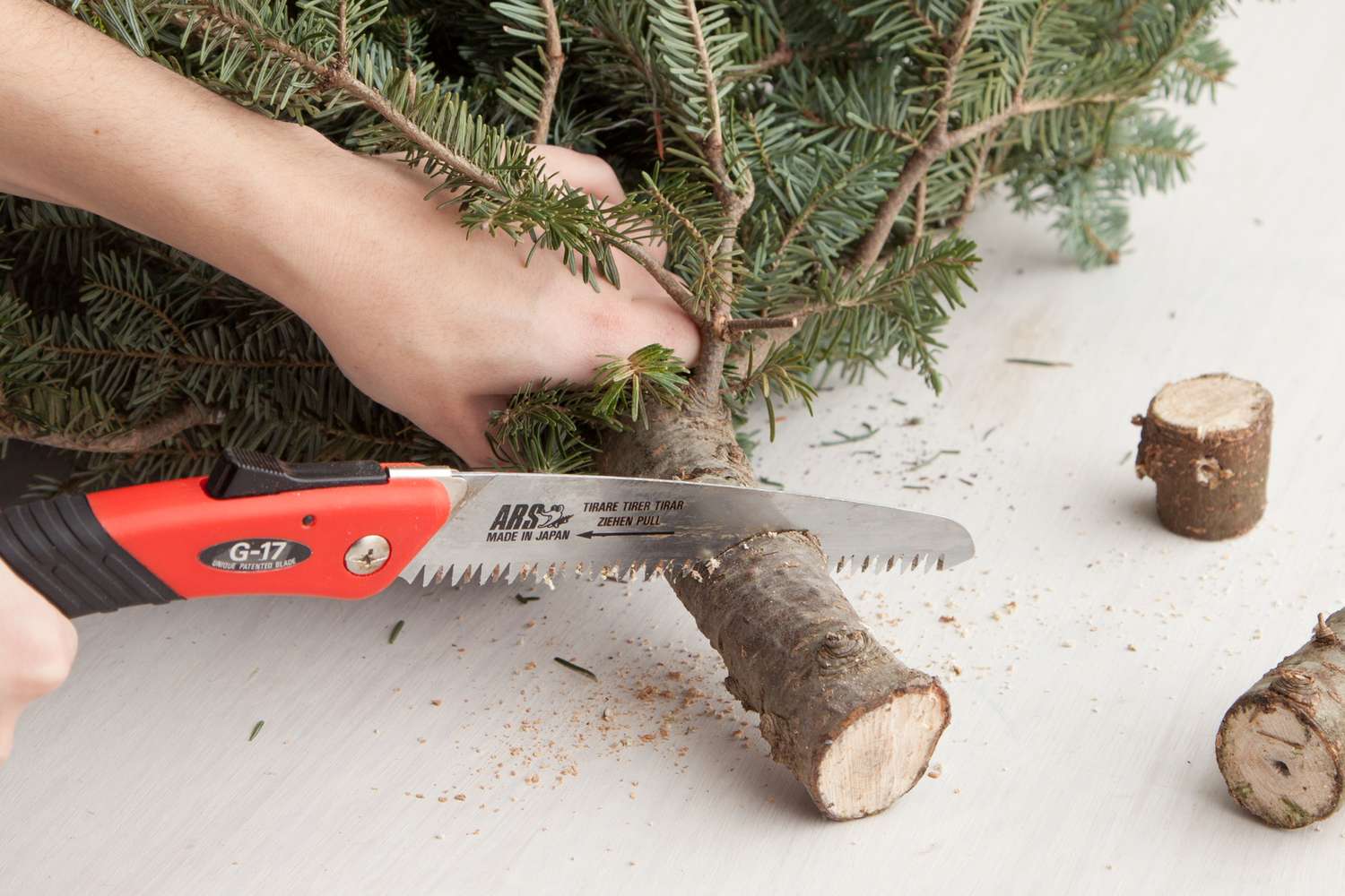 A hand sawing a branch from a tree