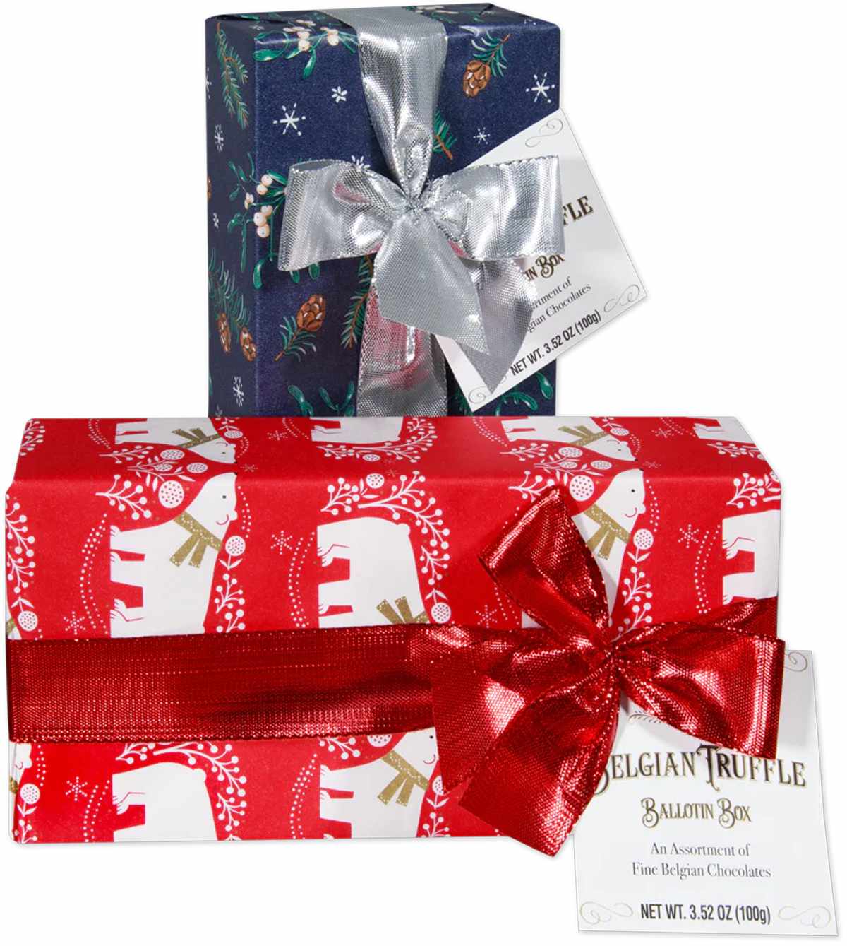 Two wrapped Belgian truffle gift boxes with decorative ribbons