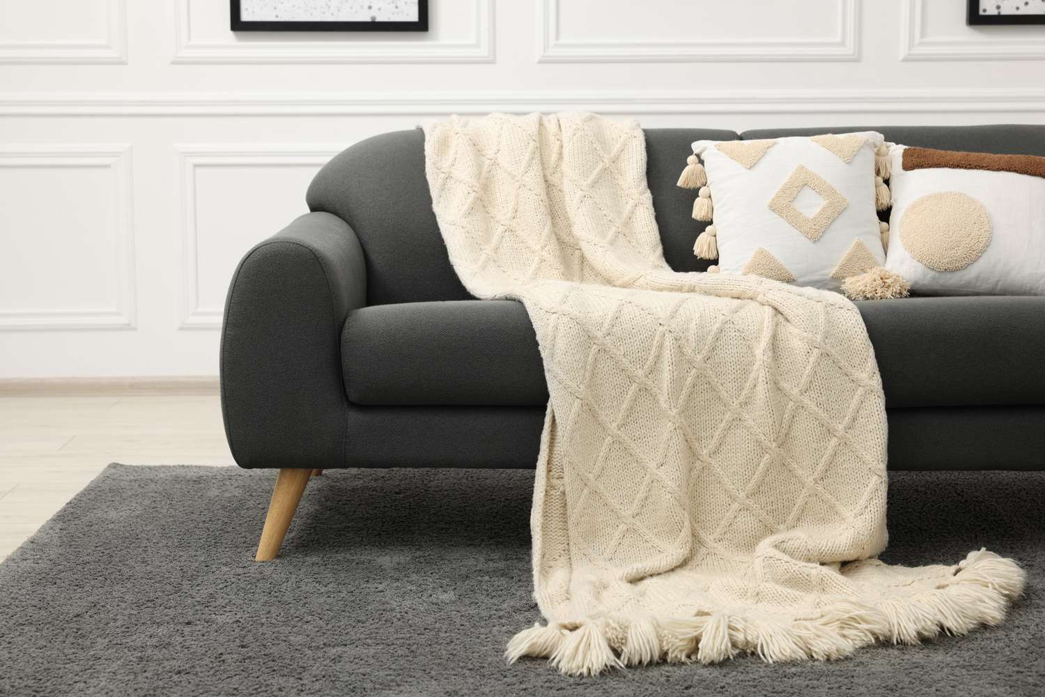 sofa with throw blanket