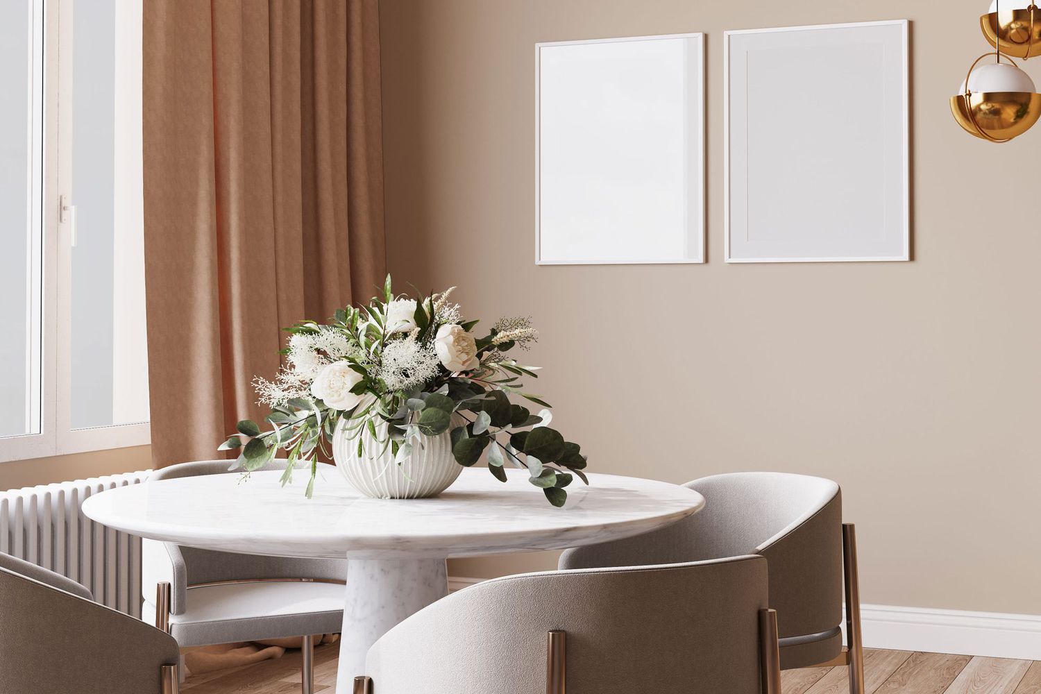 luxury dining room design, bright beige interior apartment