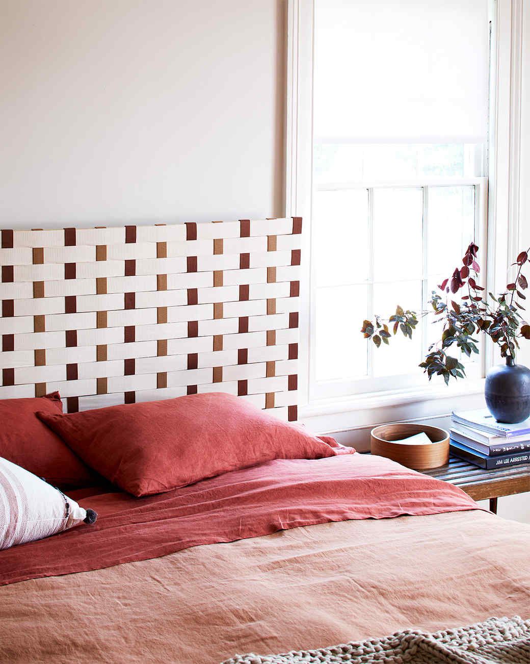 woven headboard in a bedroom