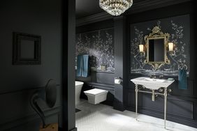 vanity trend white console in dark gray bathroom
