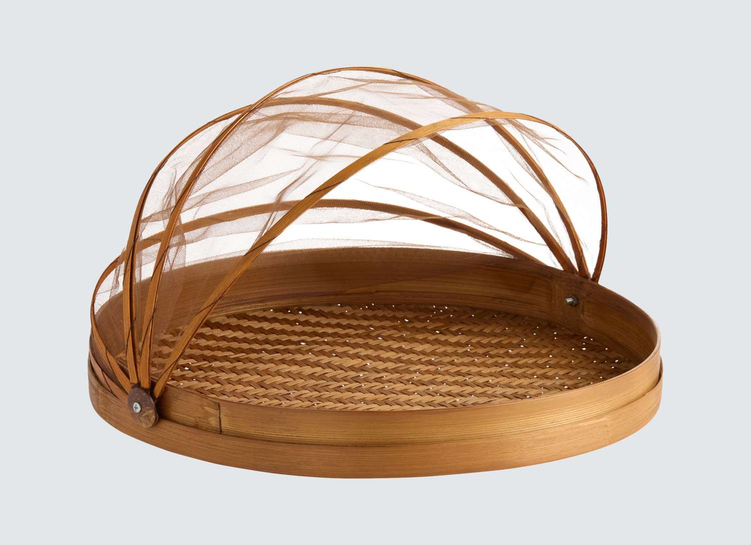 woven bamboo serving plate with mesh dome