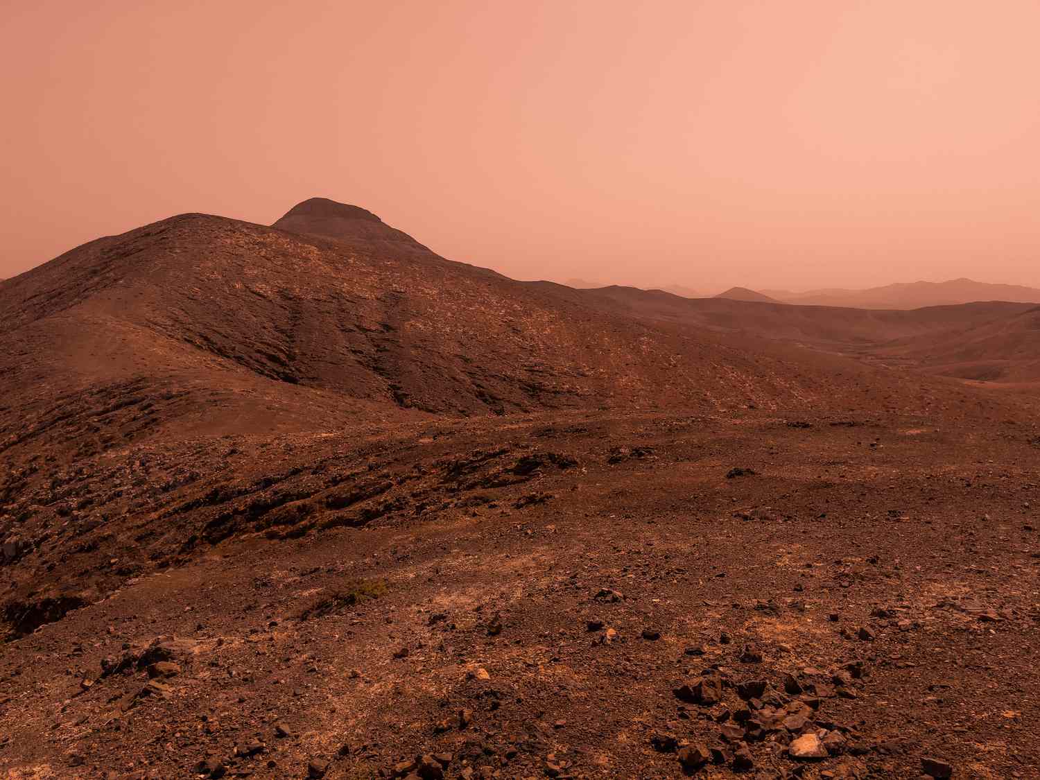 Barren and rocky landscape with hills in the background