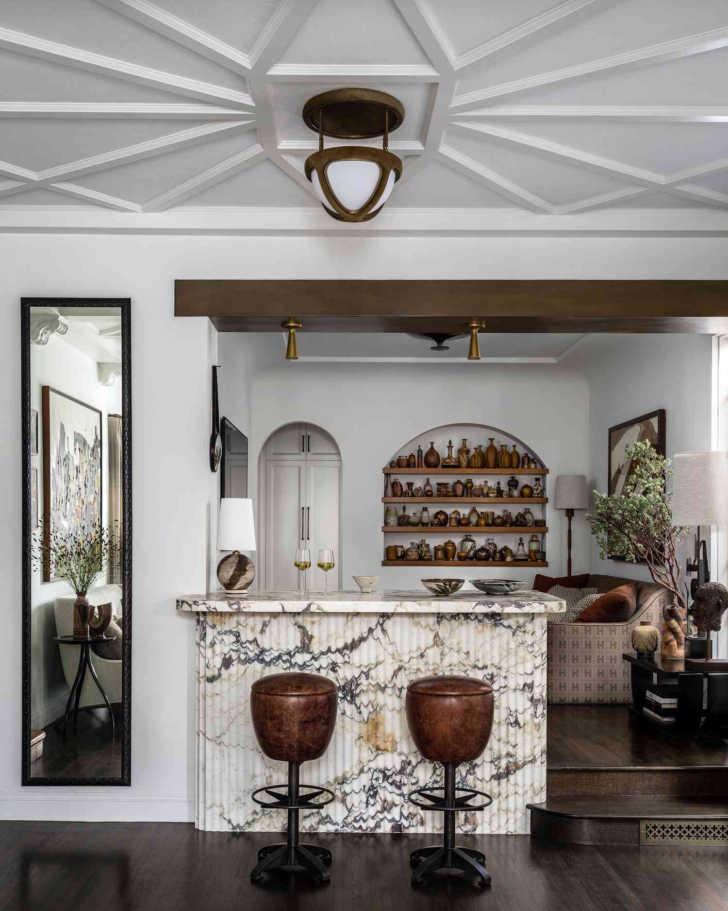 neutral marble bar area in living room