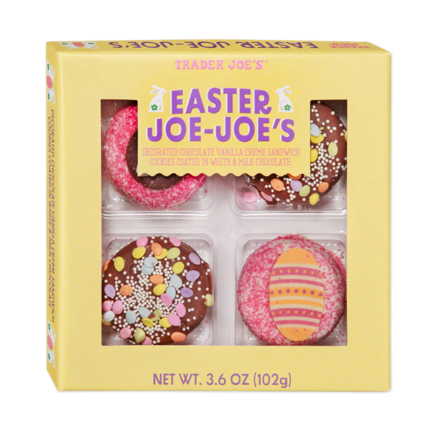 A box of Trader Joes Easter JoeJoes cookies with decorative designs