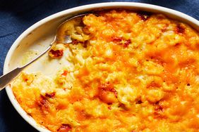 pimiento mac and cheese served in a white casserole dish