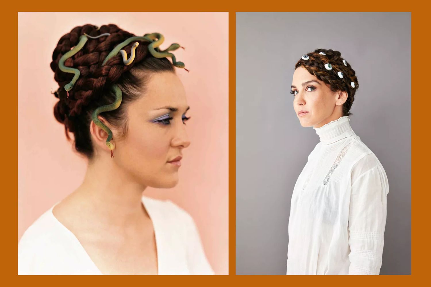 Two women modeling creative braided hairstyles one adorned with snakelike decorations the other with small pearllike accents