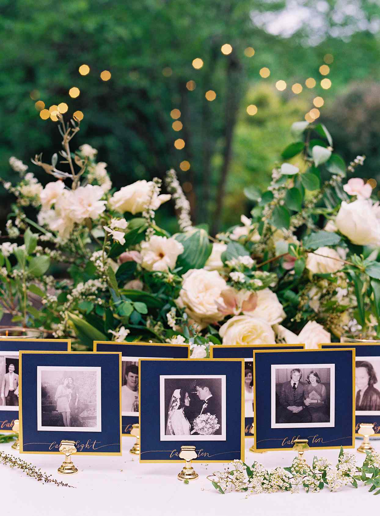 wedding place cards with black and white pictures